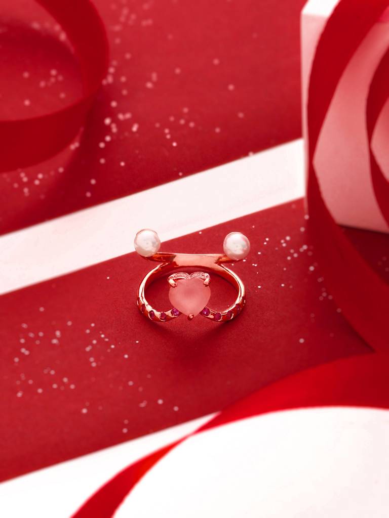Kicky And Perky 925 Sterling Silver Rose Gold Plated Pink Calcedony Heart Shape Ring For Women : SILVALR002-5