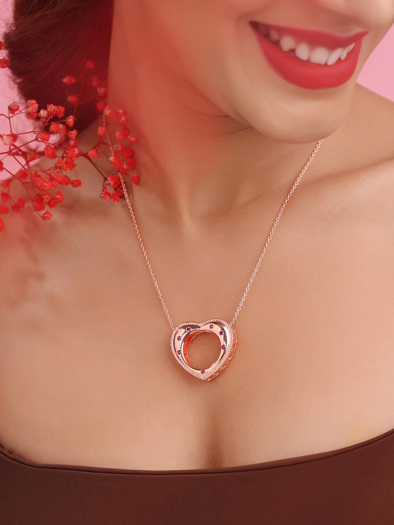 Kicky And Perky 925 Sterling Silver Rose Gold Plated Heart Shape Convertible Ring To Pendant With Chain For Wo : SILVALRP002-5