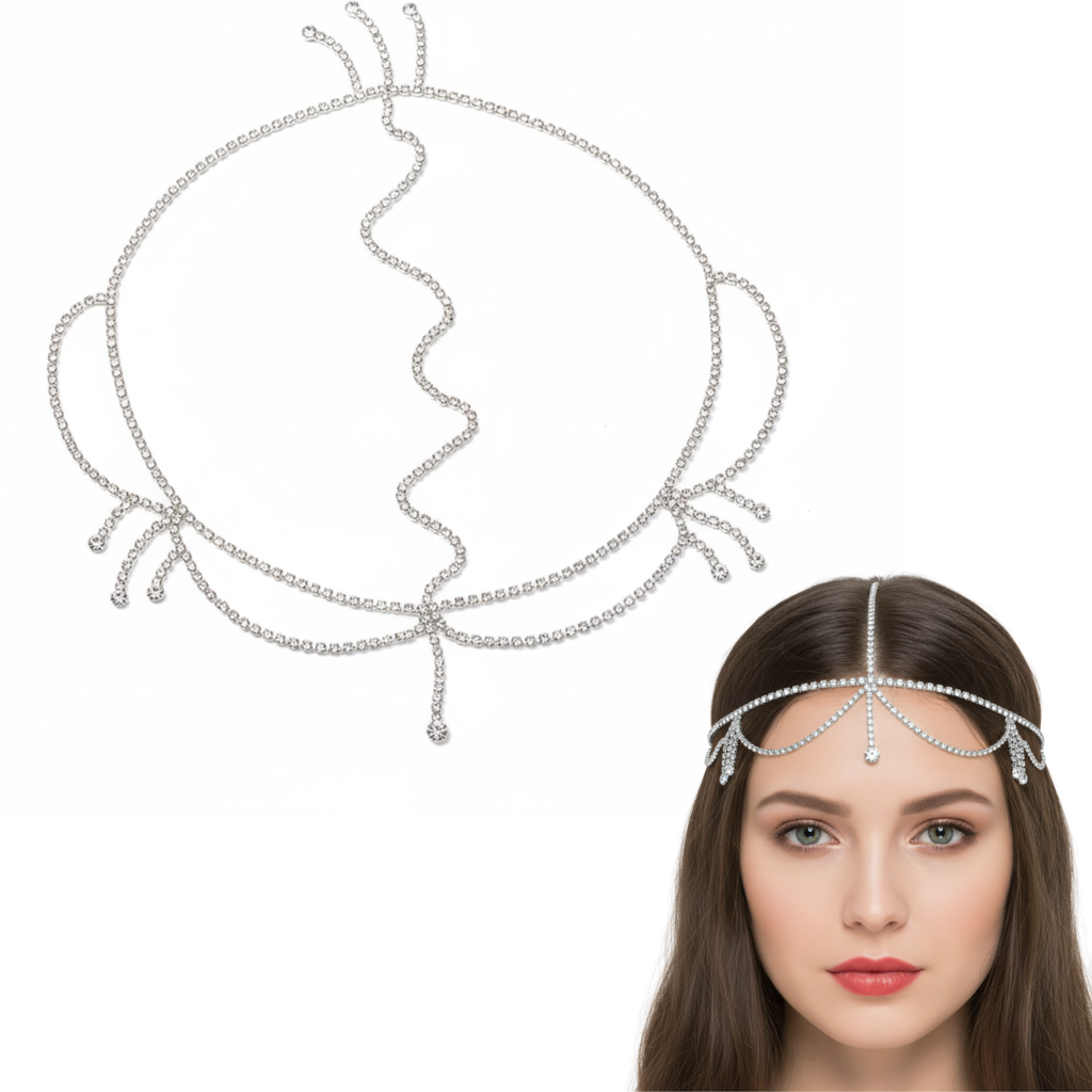 Silver Crystal Bridal Head Chain For Women – Wedding Rhinestone Matha Patti Hair Jewelry Headpiece : M4SK-HB-005-SIL