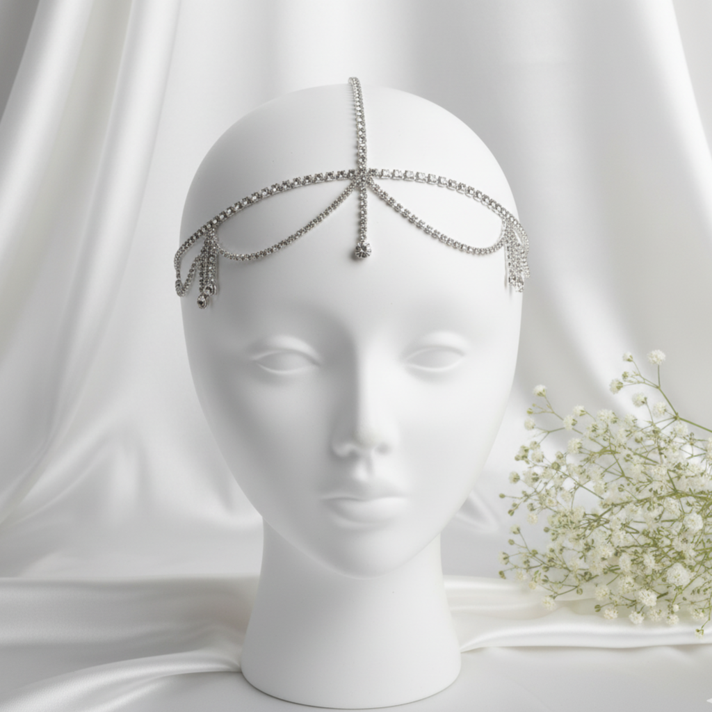 Silver Crystal Bridal Head Chain For Women – Wedding Rhinestone Matha Patti Hair Jewelry Headpiece : M4SK-HB-005-SIL