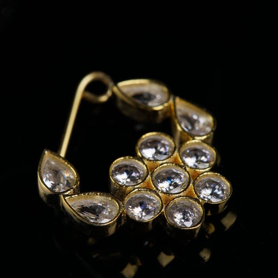 Silver Cz Nath Floral (Left, Clip On) |  92.5 Silver | 22K Gold Plated : silver_nath_cz_floral_left_pierced_shiny_finish