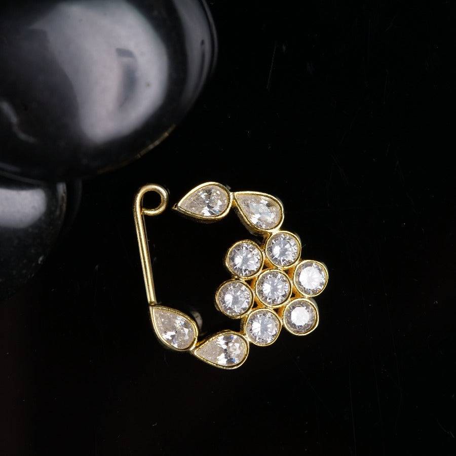 Silver Cz Nath Floral (Left, Clip On) |  92.5 Silver | 22K Gold Plated : silver_nath_cz_floral_left_pierced_shiny_finish