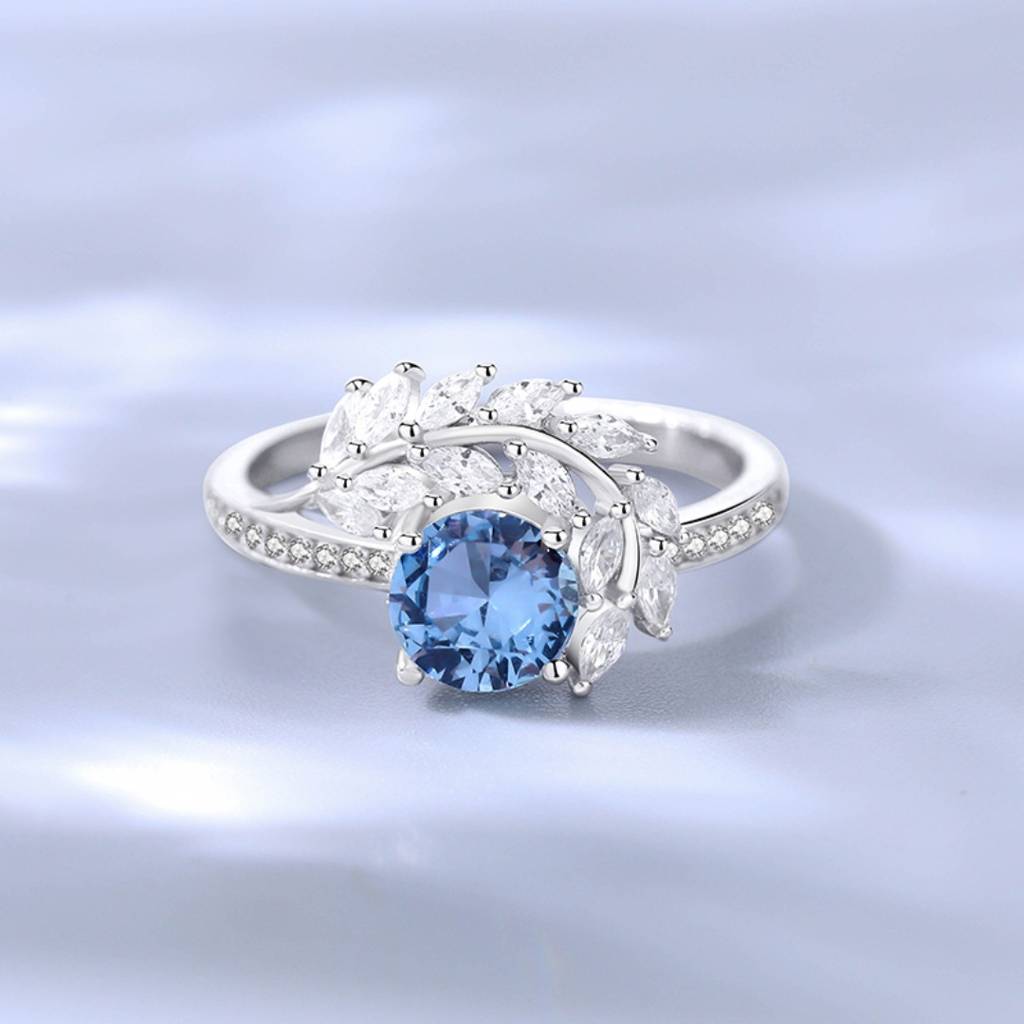 925 Sterling Silver Blue Diamond Cz Feather Ring : BRDBZFR