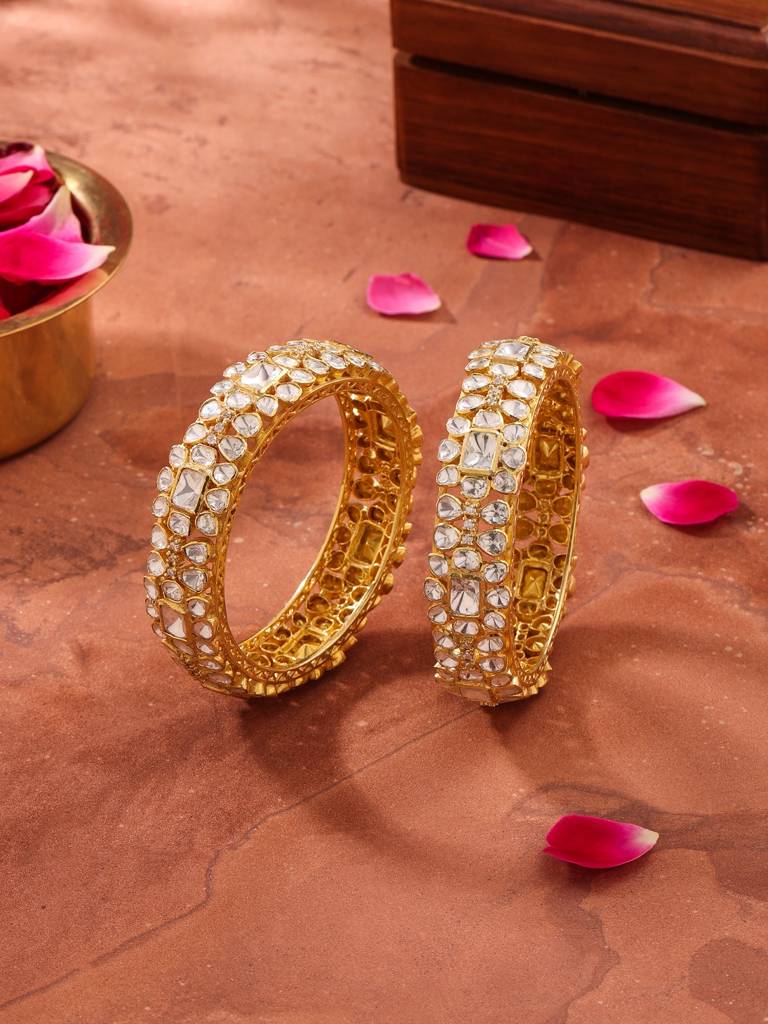 Kicky And Perky 925 Sterling Silver Gold Plated Moissanite Polki Floral Bangle For Women : SILWB001