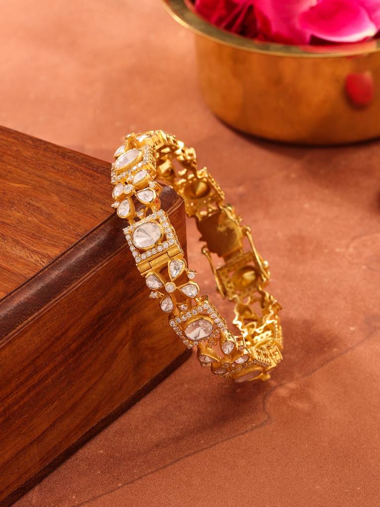 Kicky And Perky 925 Sterling Silver Gold Plated Moissanite Polki Classy Floral Bangle For Women : SILWB003