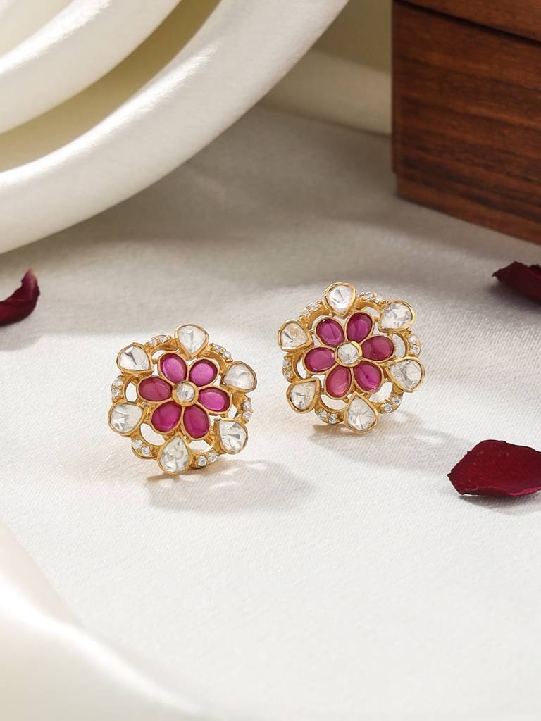 Kicky And Perky 925 Sterling Silver Gold Plated Red Talphe, Moissanite Polki, Moissanite Floral Stud Earring F : SILWE001