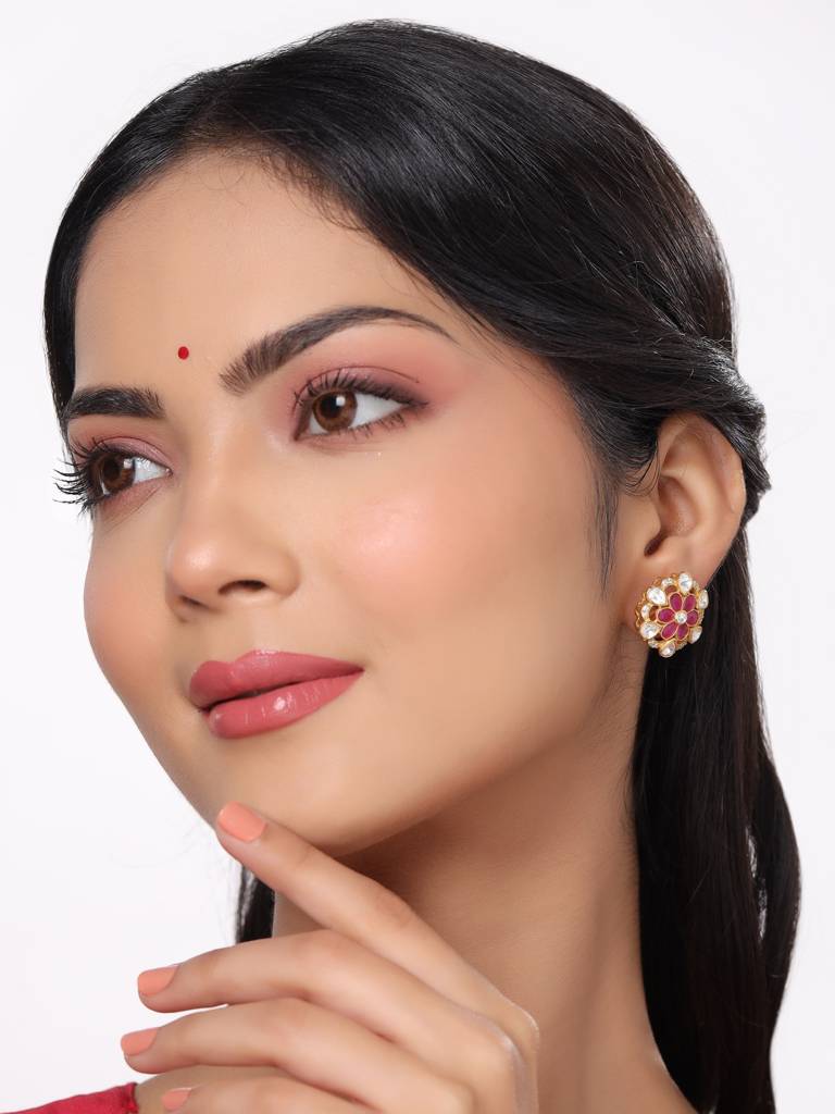 Kicky And Perky 925 Sterling Silver Gold Plated Red Talphe, Moissanite Polki, Moissanite Floral Stud Earring F : SILWE001