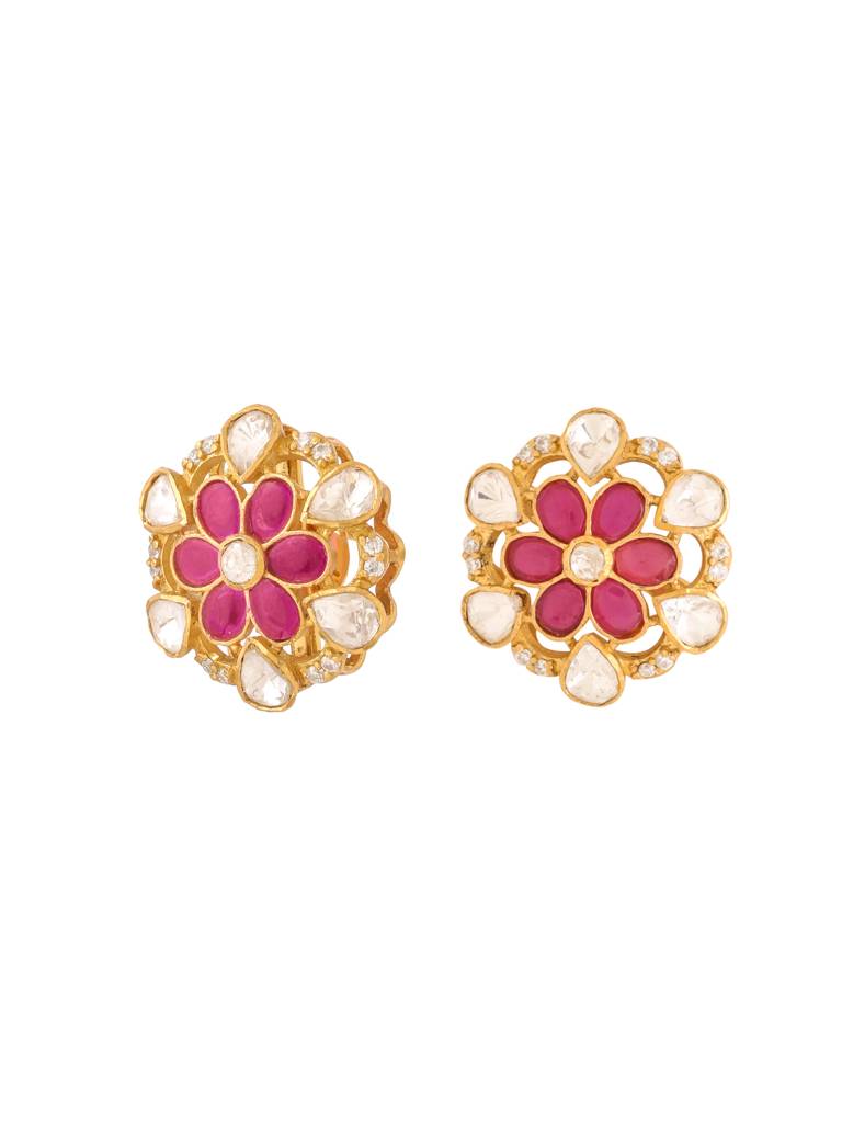 Kicky And Perky 925 Sterling Silver Gold Plated Red Talphe, Moissanite Polki, Moissanite Floral Stud Earring F : SILWE001