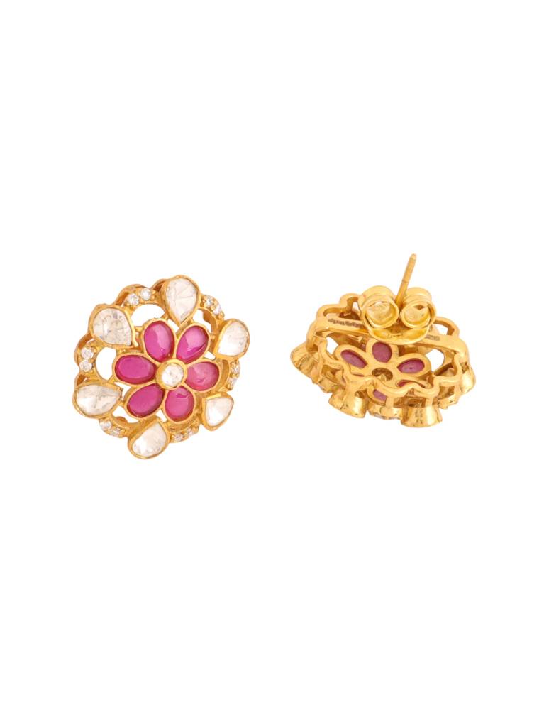 Kicky And Perky 925 Sterling Silver Gold Plated Red Talphe, Moissanite Polki, Moissanite Floral Stud Earring F : SILWE001