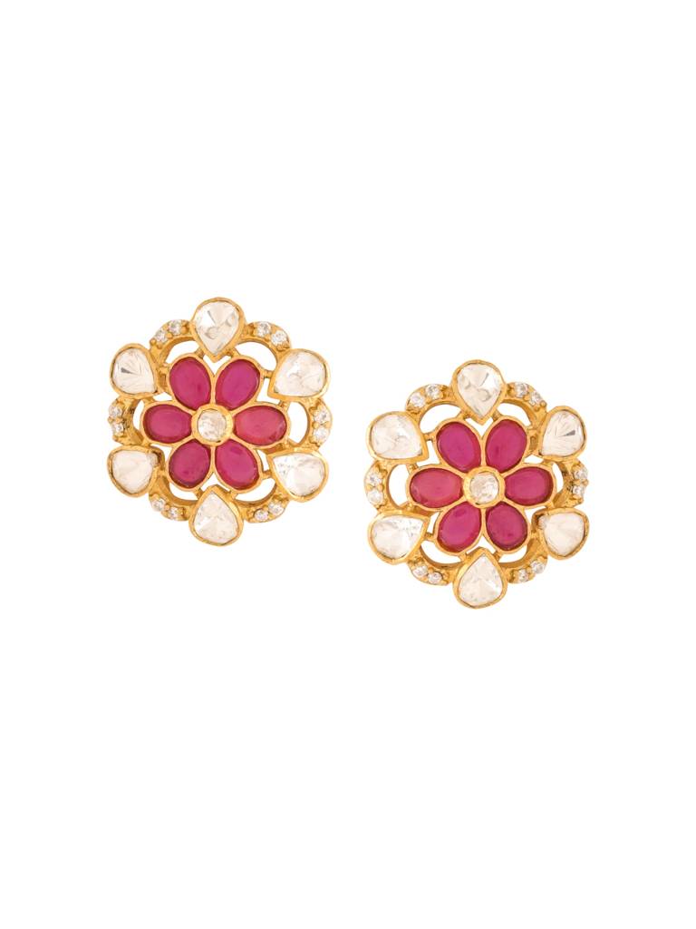 Kicky And Perky 925 Sterling Silver Gold Plated Red Talphe, Moissanite Polki, Moissanite Floral Stud Earring F : SILWE001