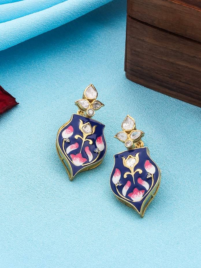 Kicky And Perky 925 Sterling Silver Gold Plated Moissanite Polki Blue Pottery Enamel Earring For Women : SILWE003