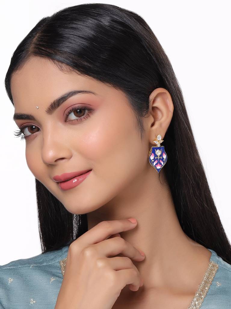 Kicky And Perky 925 Sterling Silver Gold Plated Moissanite Polki Blue Pottery Enamel Earring For Women : SILWE003