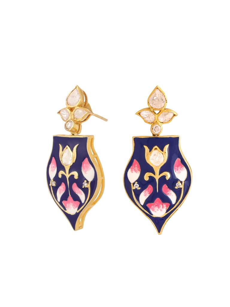 Kicky And Perky 925 Sterling Silver Gold Plated Moissanite Polki Blue Pottery Enamel Earring For Women : SILWE003