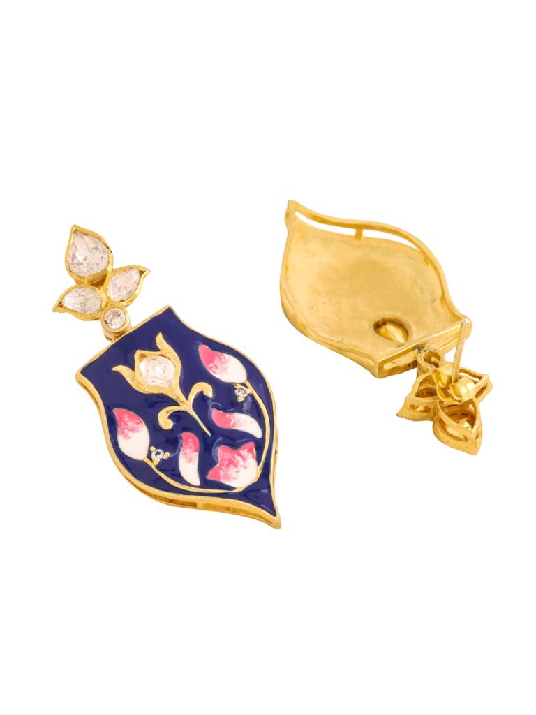 Kicky And Perky 925 Sterling Silver Gold Plated Moissanite Polki Blue Pottery Enamel Earring For Women : SILWE003