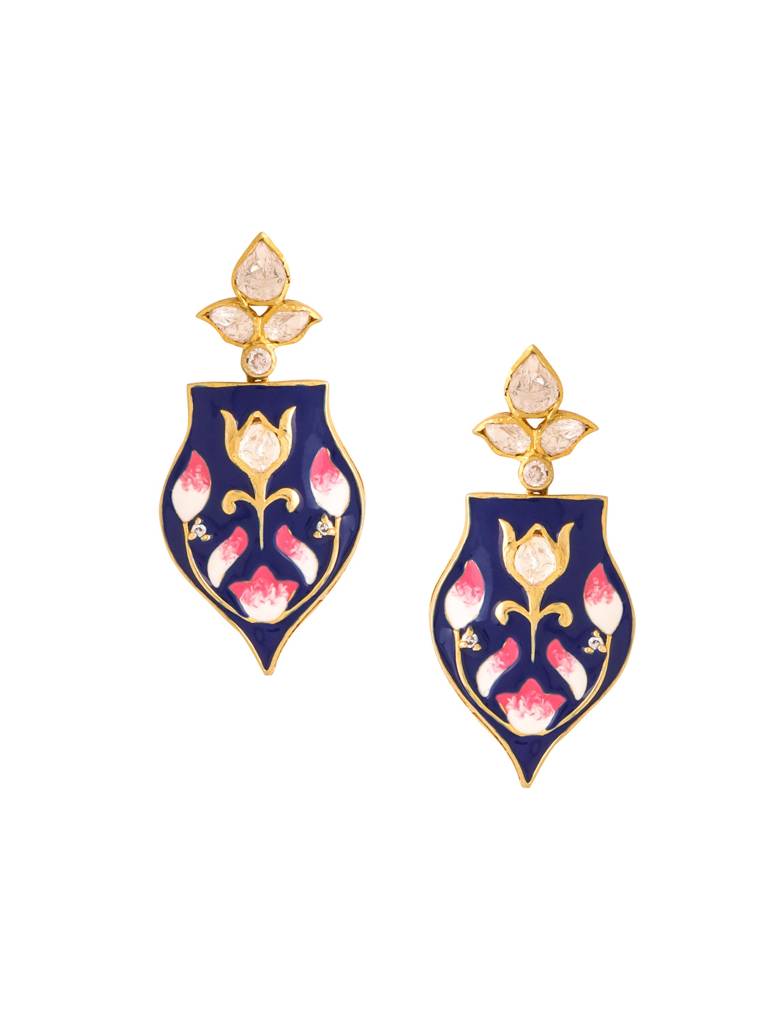 Kicky And Perky 925 Sterling Silver Gold Plated Moissanite Polki Blue Pottery Enamel Earring For Women : SILWE003
