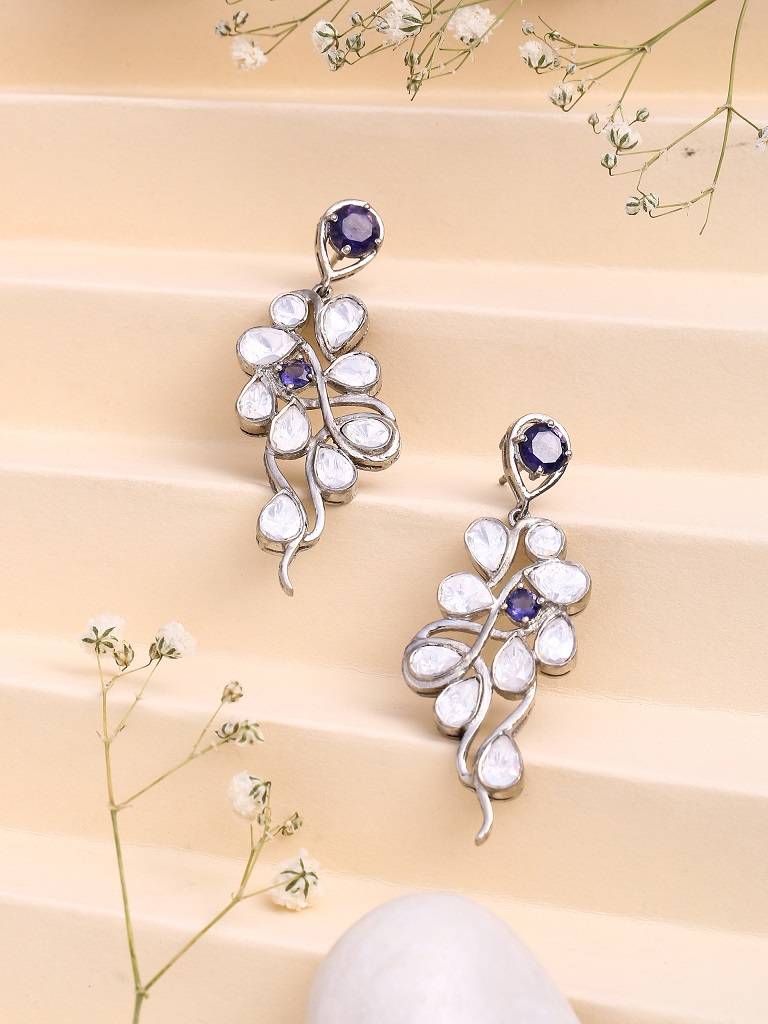 Kicky And Perky 925 Sterling Silver Iolite And Moissanite Polki Abstract Earring For Women : SILWE004