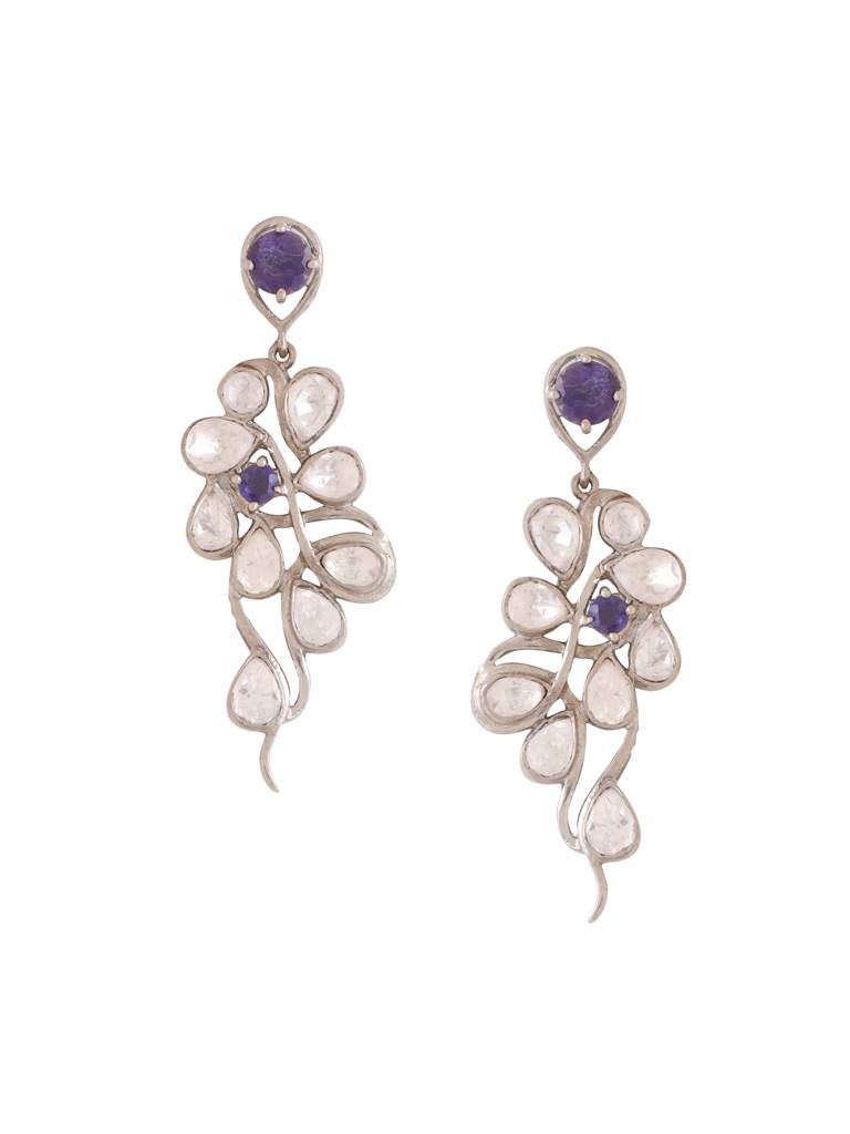 Kicky And Perky 925 Sterling Silver Iolite And Moissanite Polki Abstract Earring For Women : SILWE004