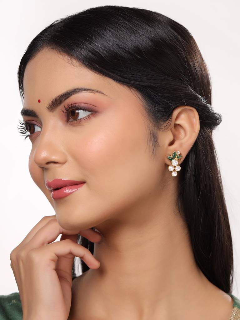 Kicky And Perky 925 Sterling Silver Gold Plated Green Talphe, Moissanite Polki Floral Stud Earring For Women : SILWE007