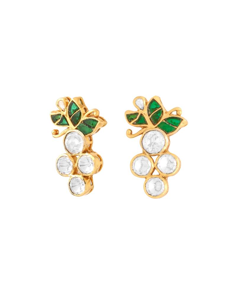 Kicky And Perky 925 Sterling Silver Gold Plated Green Talphe, Moissanite Polki Floral Stud Earring For Women : SILWE007