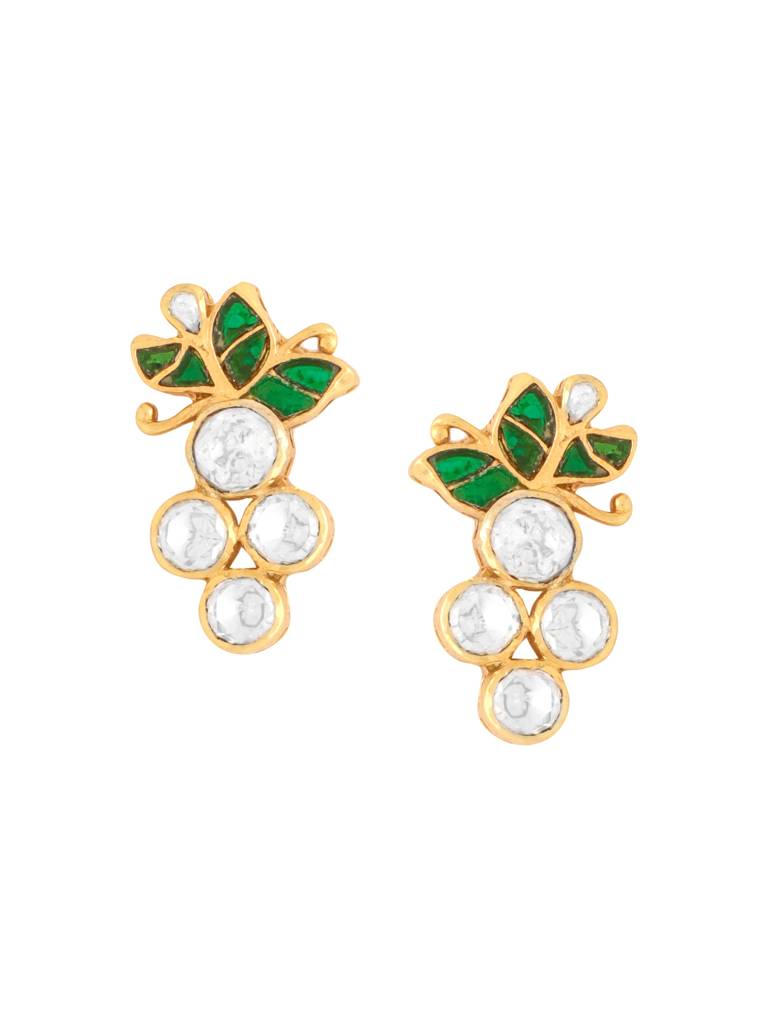 Kicky And Perky 925 Sterling Silver Gold Plated Green Talphe, Moissanite Polki Floral Stud Earring For Women : SILWE007