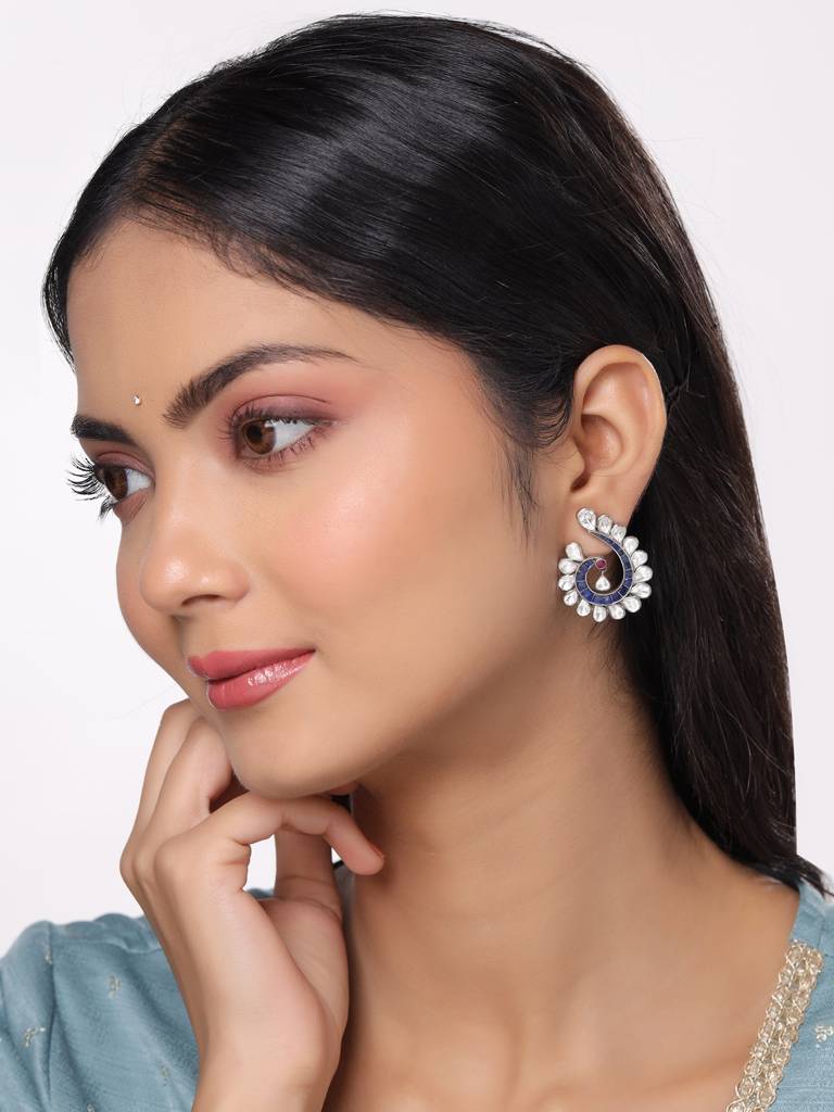 Kicky And Perky 925 Sterling Silver Blue Talphe, Piink Talphe And Moissanite Polki Peacock Stud Earring For Wo : SILWE008