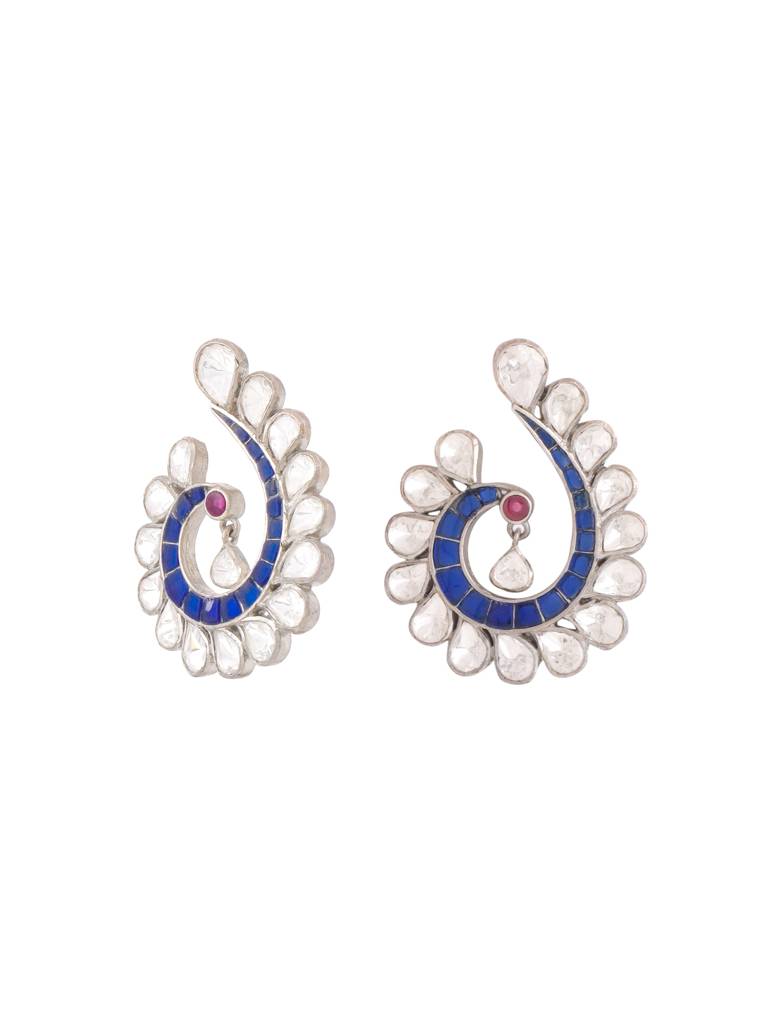 Kicky And Perky 925 Sterling Silver Blue Talphe, Piink Talphe And Moissanite Polki Peacock Stud Earring For Wo : SILWE008