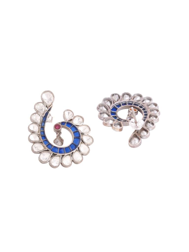 Kicky And Perky 925 Sterling Silver Blue Talphe, Piink Talphe And Moissanite Polki Peacock Stud Earring For Wo : SILWE008