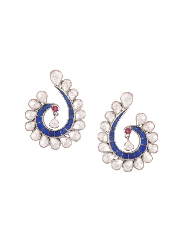 Kicky And Perky 925 Sterling Silver Blue Talphe, Piink Talphe And Moissanite Polki Peacock Stud Earring For Wo : SILWE008