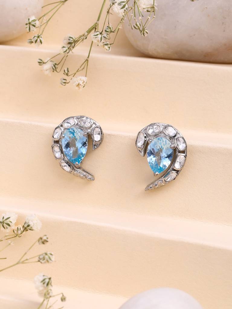 Kicky And Perky 925 Sterling Silver Blue Topaz, Moissanite Stud Earring : SILWE009