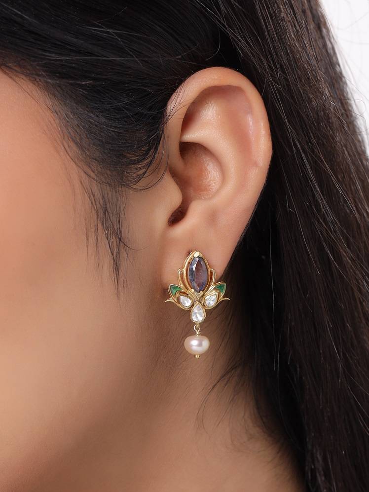 Kicky And Perky 925 Sterling Silver Gold Plated Iolite, Green Talphe, Moissanite Polki And Pearl Stud Earring  : SILWE010