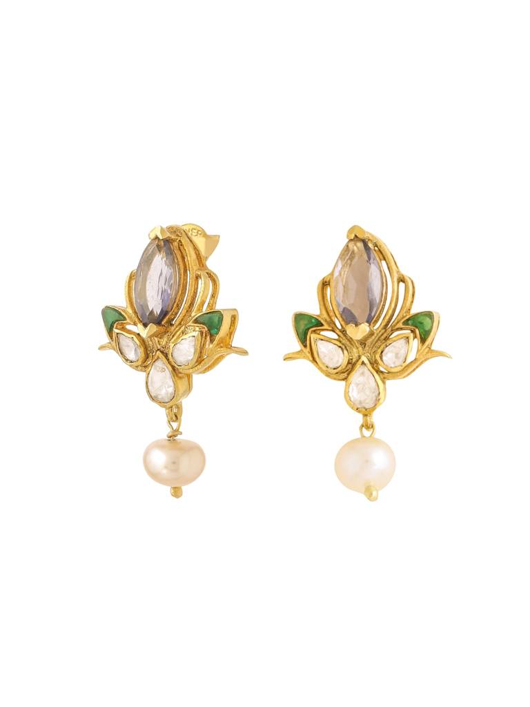 Kicky And Perky 925 Sterling Silver Gold Plated Iolite, Green Talphe, Moissanite Polki And Pearl Stud Earring  : SILWE010