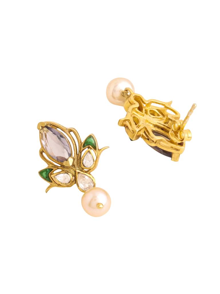 Kicky And Perky 925 Sterling Silver Gold Plated Iolite, Green Talphe, Moissanite Polki And Pearl Stud Earring  : SILWE010