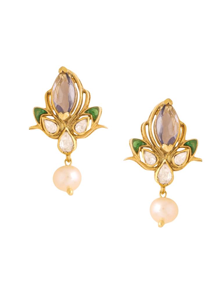 Kicky And Perky 925 Sterling Silver Gold Plated Iolite, Green Talphe, Moissanite Polki And Pearl Stud Earring  : SILWE010