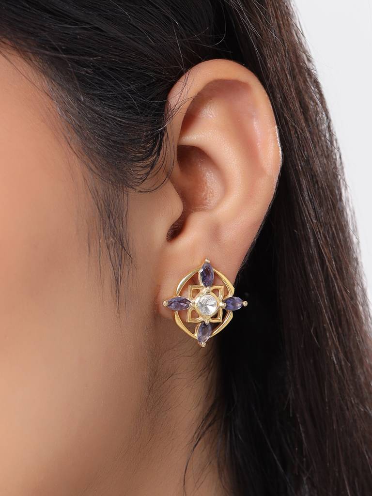 Kicky And Perky 925 Sterling Silver Gold Plated Iolite, Moissanite Polki Stud Earring For Women : SILWE011