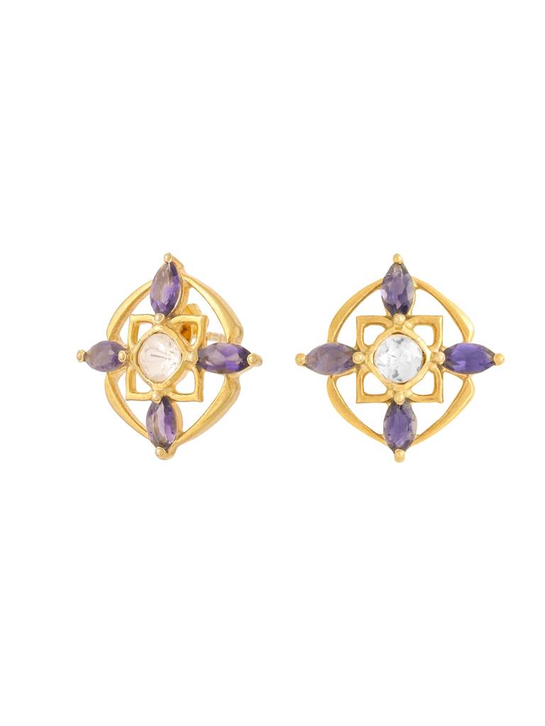 Kicky And Perky 925 Sterling Silver Gold Plated Iolite, Moissanite Polki Stud Earring For Women : SILWE011