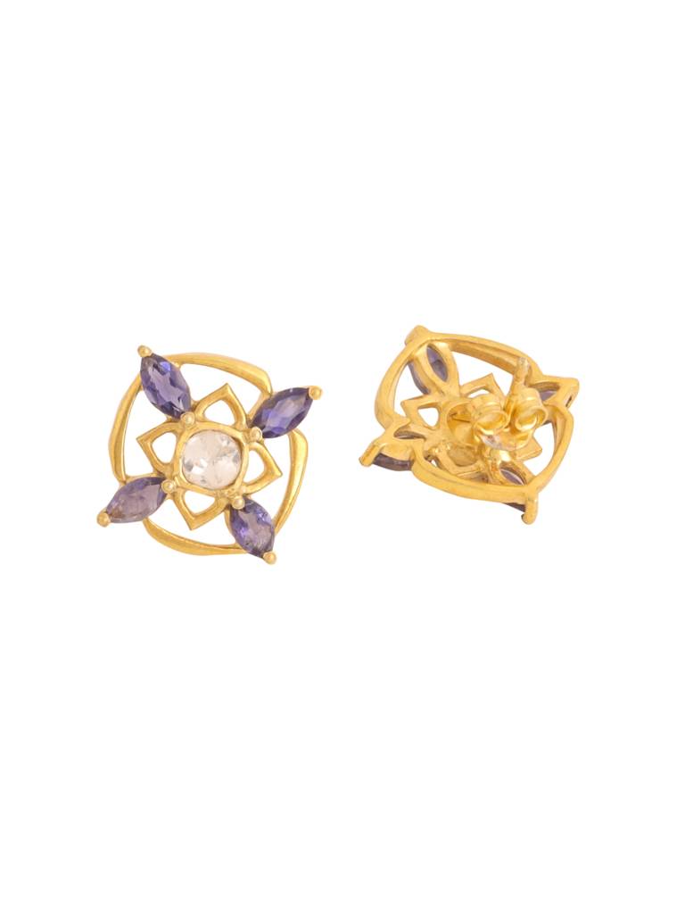 Kicky And Perky 925 Sterling Silver Gold Plated Iolite, Moissanite Polki Stud Earring For Women : SILWE011