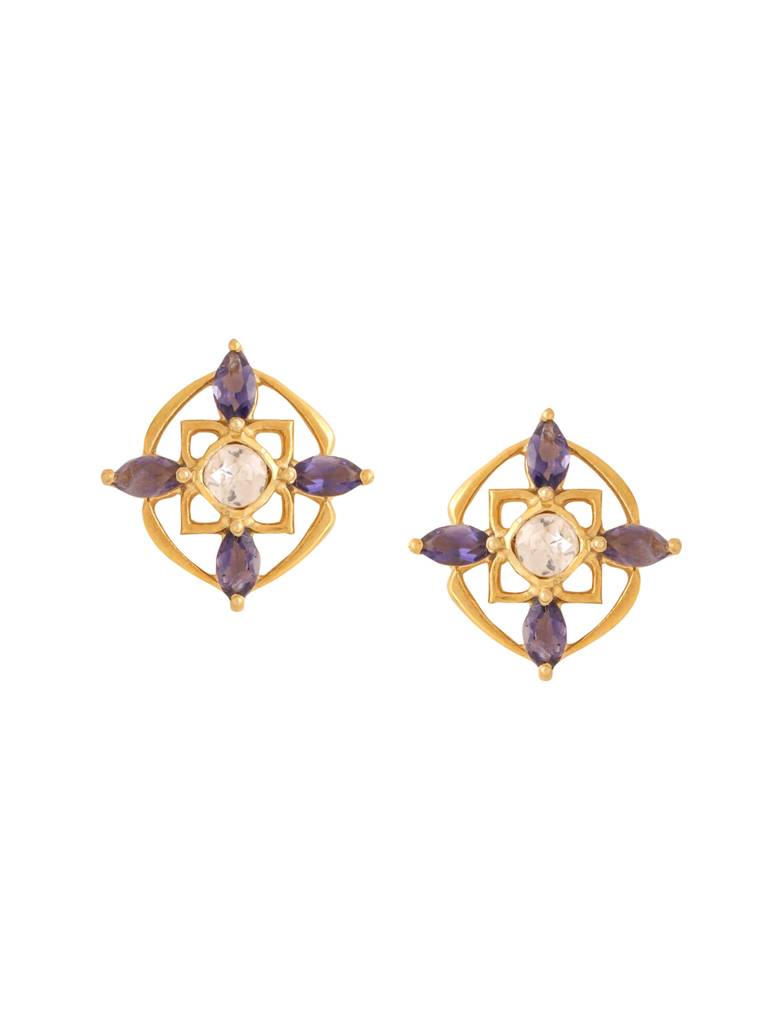 Kicky And Perky 925 Sterling Silver Gold Plated Iolite, Moissanite Polki Stud Earring For Women : SILWE011
