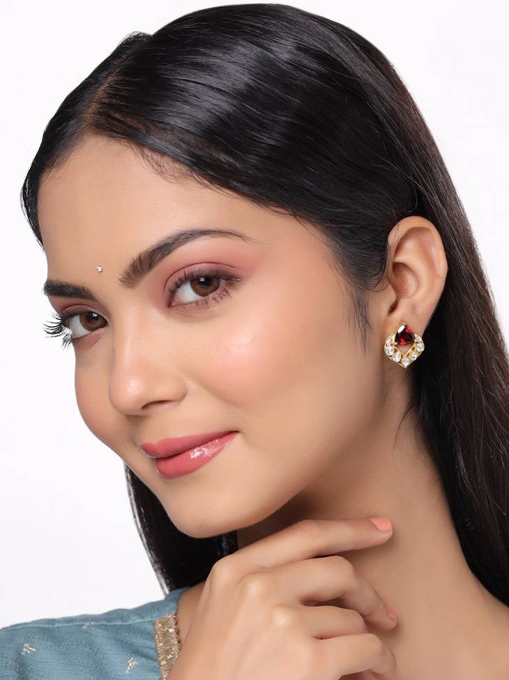 Kicky And Perky 925 Sterling Silver Gold Plated Garnet And Moissanite Polki Stud Earring For Women : SILWE012