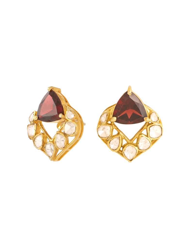 Kicky And Perky 925 Sterling Silver Gold Plated Garnet And Moissanite Polki Stud Earring For Women : SILWE012