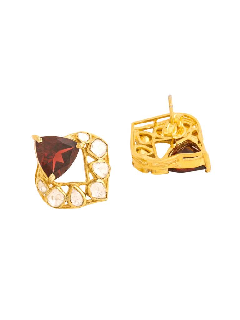 Kicky And Perky 925 Sterling Silver Gold Plated Garnet And Moissanite Polki Stud Earring For Women : SILWE012