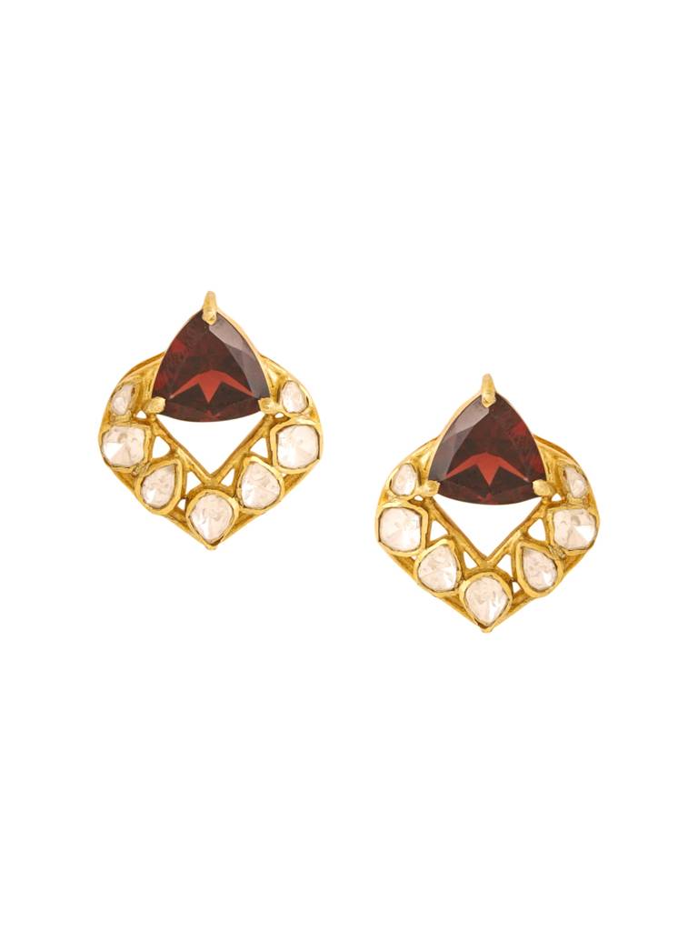 Kicky And Perky 925 Sterling Silver Gold Plated Garnet And Moissanite Polki Stud Earring For Women : SILWE012