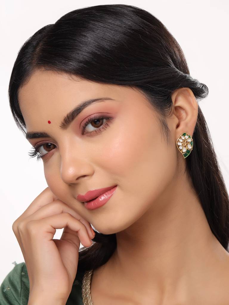 Kicky And Perky 925 Sterling Silver Gold Plated Green Talphe And Moissanite Polki Stud Earring For Women : SILWE013