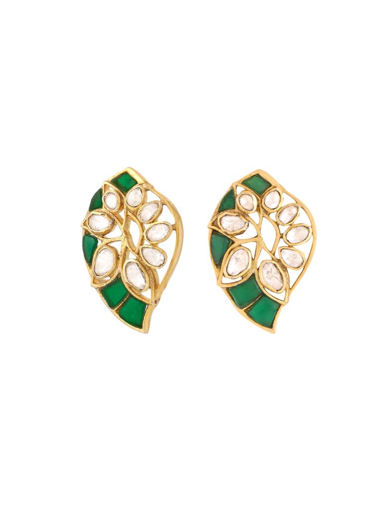 Kicky And Perky 925 Sterling Silver Gold Plated Green Talphe And Moissanite Polki Stud Earring For Women : SILWE013