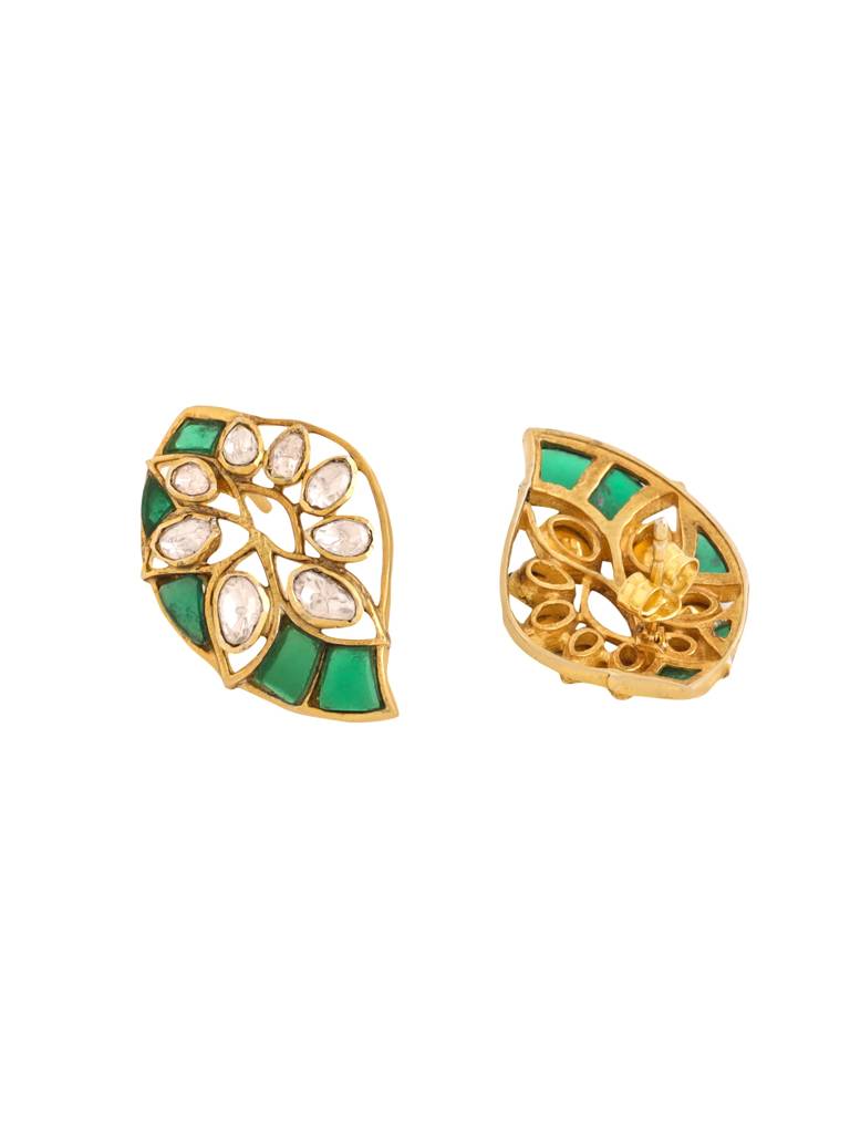 Kicky And Perky 925 Sterling Silver Gold Plated Green Talphe And Moissanite Polki Stud Earring For Women : SILWE013