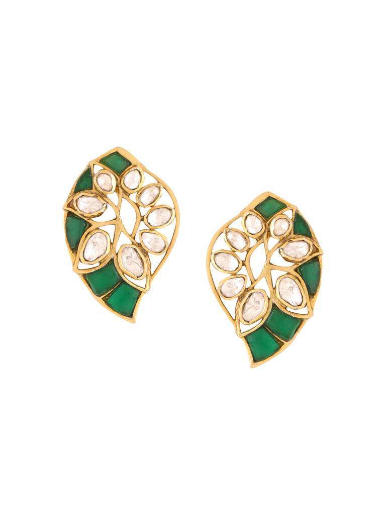 Kicky And Perky 925 Sterling Silver Gold Plated Green Talphe And Moissanite Polki Stud Earring For Women : SILWE013