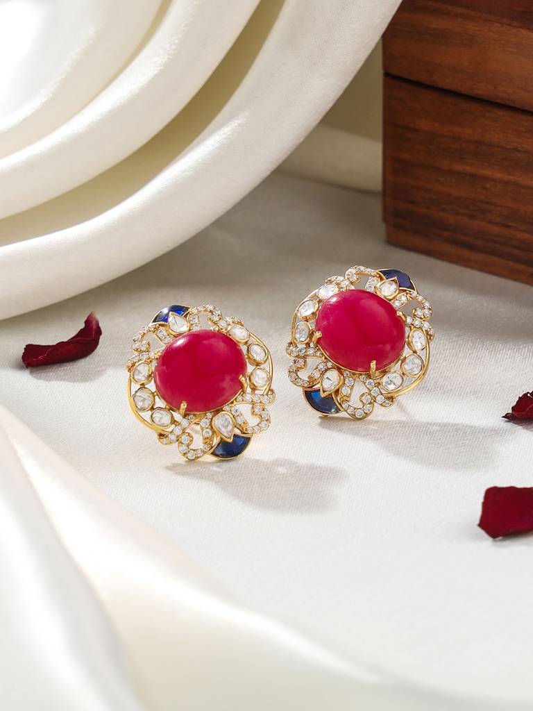 Kicky And Perky 925 Sterling Silver Gold Plated Ruby Quartz, Blue Talphe, Moissanite Polki, Moissanite Stud Ea : SILWE014