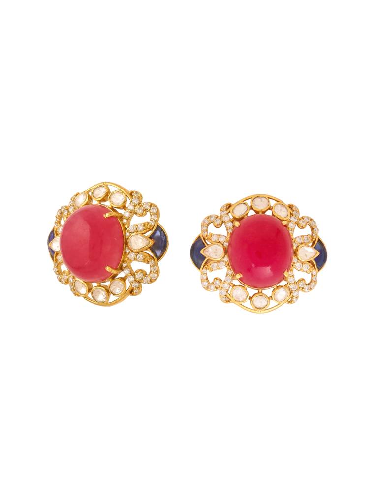 Kicky And Perky 925 Sterling Silver Gold Plated Ruby Quartz, Blue Talphe, Moissanite Polki, Moissanite Stud Ea : SILWE014