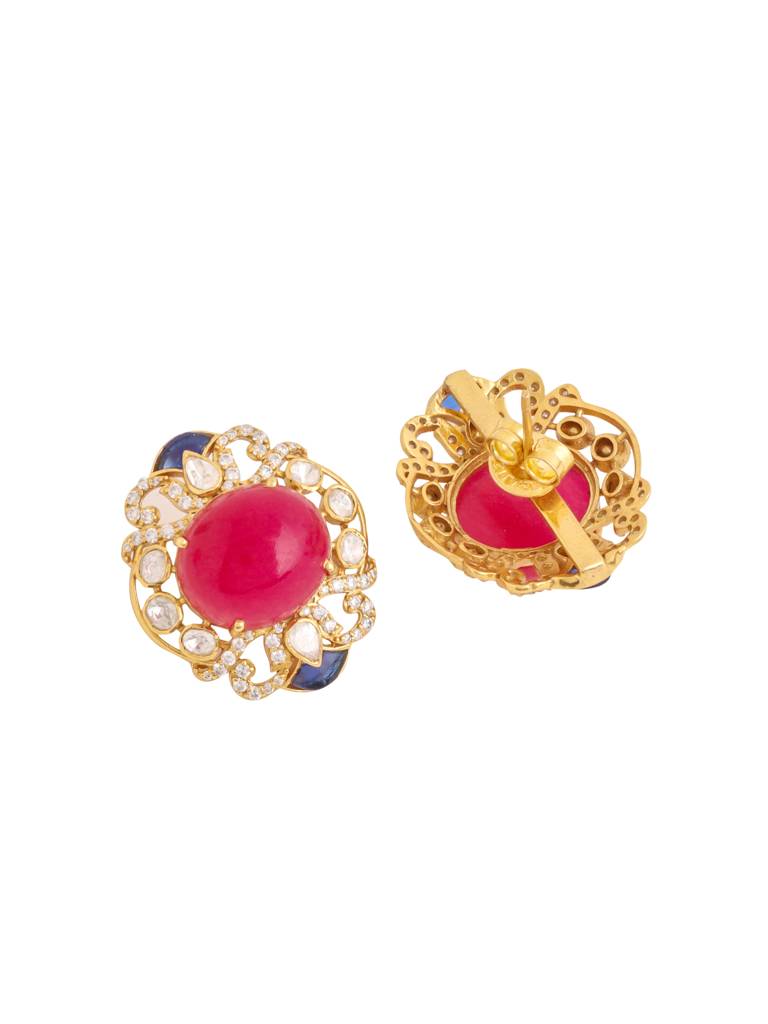 Kicky And Perky 925 Sterling Silver Gold Plated Ruby Quartz, Blue Talphe, Moissanite Polki, Moissanite Stud Ea : SILWE014