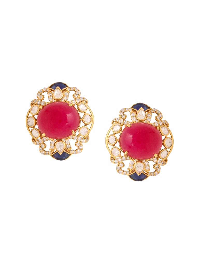 Kicky And Perky 925 Sterling Silver Gold Plated Ruby Quartz, Blue Talphe, Moissanite Polki, Moissanite Stud Ea : SILWE014