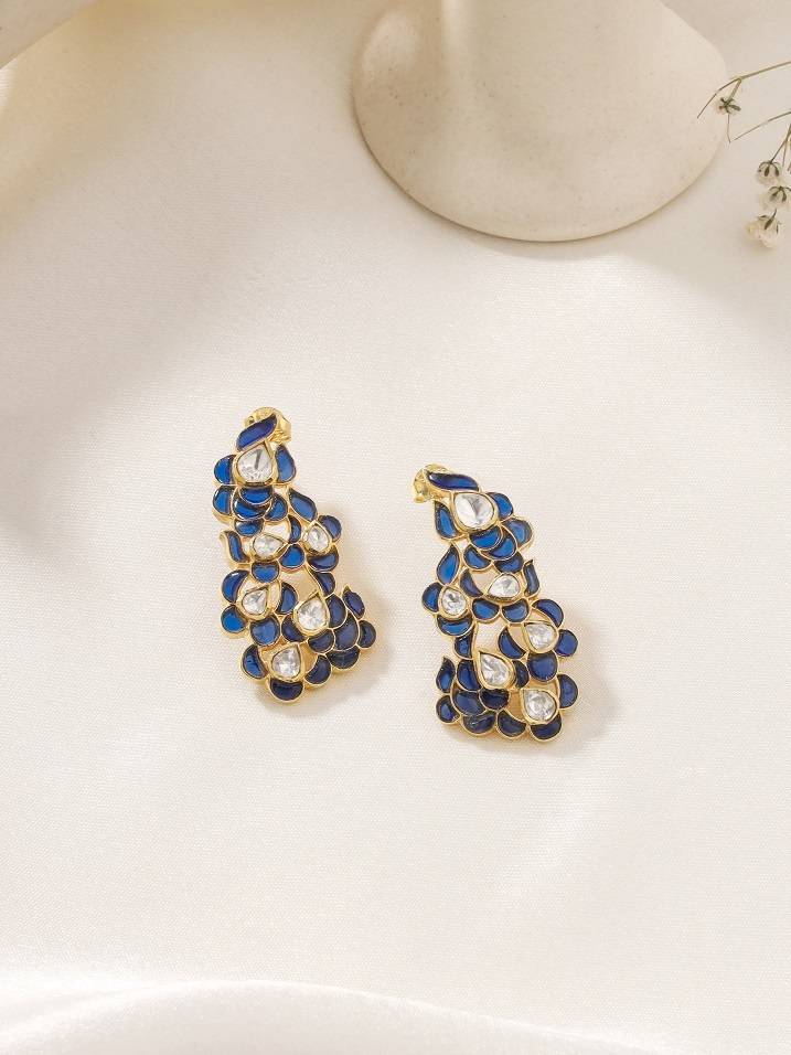 Kicky And Perky 925 Sterling Silver Gold Plated Blue Talphe, Moissanite Polki Earring For Women : SILWE015